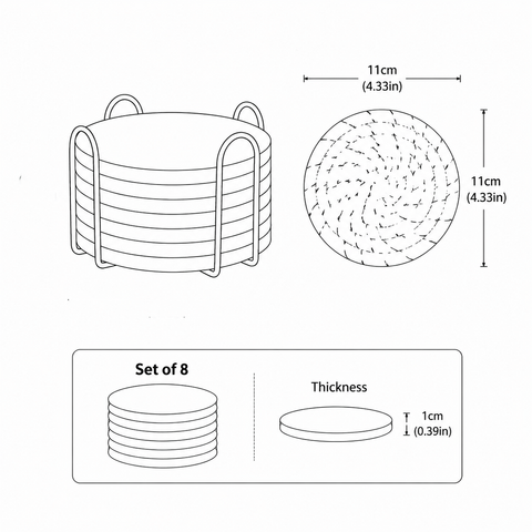 Black 8 Piece Handmade Braided Cotton Coasters Set with Holder 4.3 Inch Round Absorbent Drink Coasters Heat Resistant Table Protection Cup Mats for Home Kitchen