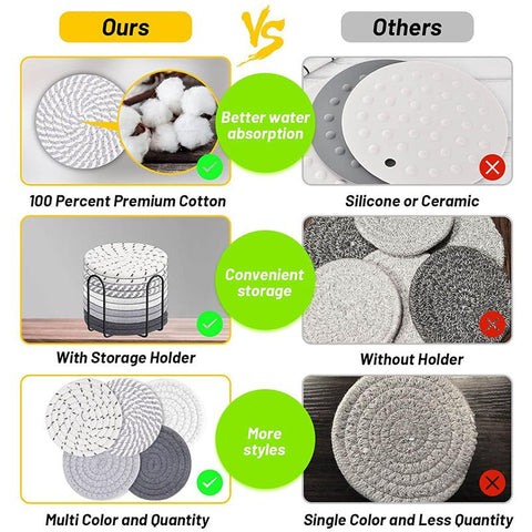 Pink series 8 Piece Handmade Braided Cotton Coasters Set with Holder 4.3 Inch Round Absorbent Drink Coasters Heat Resistant Table Protection Cup Mats for Home Kitchen
