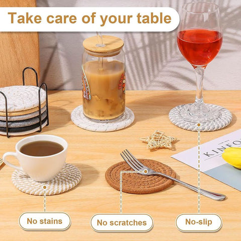 Gray tones 8 Piece Handmade Braided Cotton Coasters Set with Holder 4.3 Inch Round Absorbent Drink Coasters Heat Resistant Table Protection Cup Mats for Home Kitchen