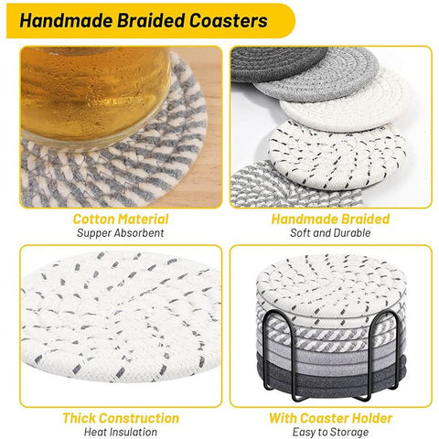 Brown series 8 Piece Handmade Braided Cotton Coasters Set with Holder 4.3 Inch Round Absorbent Drink Coasters Heat Resistant Table Protection Cup Mats for Home Kitchen