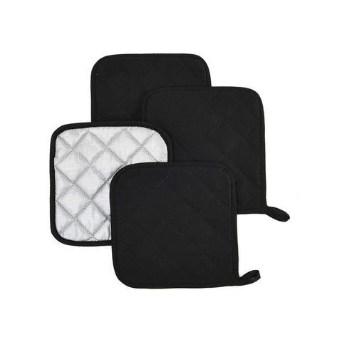 4 Pack Heat Resistant Pot Holders - Black Cotton Silver Coated Quilted Kitchen Heat Pads Non Slip Oven Mats 18x18cm Baking Cooking Microwave Use Durable Thermal Protection