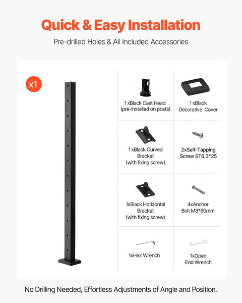 Cable Railing Post, 106.7x2.5x5 cm Level Deck Stair Posts, 1-Pack Stainless Steel Cable Handrail Post, Pre-Drilled Pickets with Mounting Bracket Stair Railing Kit, Black, 1JZLGZXHS1063GGTD001V0