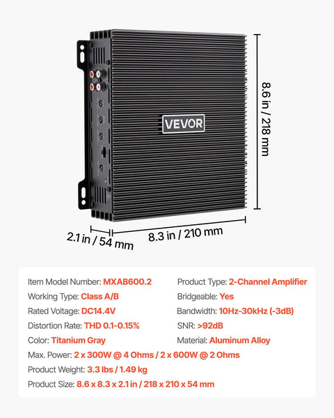 Car Audio Amplifier, 2-Channel Bridgeable Car Amplifier, Full-Range Class AB Stereo Amp, Max. 2 x 300W at 4 Ohms / 2 x 600W at 2 Ohms, High Output, for SUVs, Pickups, and Off-Road Vehicles