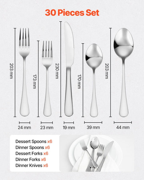30-Piece Silverware Set, Food-Grade Stainless Steel Flatware Utensils, Mirror Finished Cutlery Set, Dishwasher Safe Eating Tableware for Kitchen Home, Service for 6, Include Knife Fork Spoon