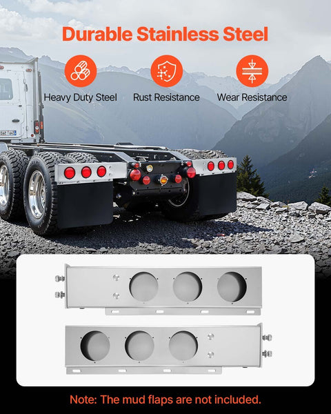 Stainless Steel Mud Flap Hangers with Light Cutouts, 2-1/2" (63.5mm) Bolt Spacing, Spring Loaded Mudflap Hangers for Semi Trucks, 1 Pair Heavy Duty Semi Truck Mud Flap Hanger Set, Silver