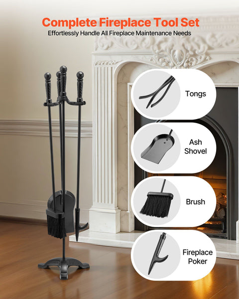 Fireplace Tool Set, 4 PCS Fire Tool Set and Holder with Three-Prong Stand, Ash Shovel, Brush, Fire Place Poker, Wrought Iron Fireplace Accessories for Campfire Indoor/Outdoor, Black