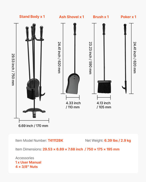 Fireplace Tool Set, 4 PCS Fire Tool Set and Holder with Three-Prong Stand, Ash Shovel, Brush, Fire Place Poker, Wrought Iron Fireplace Accessories for Campfire Indoor/Outdoor, Black