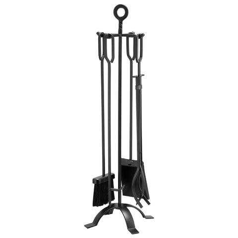 Fireplace Tool Set, 5 PCS Fire Tool Set and Holder with Four-Prong Stand, Tongs, Ash Shovel, Brush, Fire Place Poker, Wrought Iron Fireplace Accessories for Campfire Indoor/Outdoor, Black