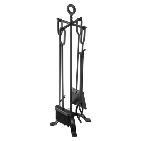 Fireplace Tool Set, 5 PCS Fire Tool Set and Holder with Four-Prong Stand, Tongs, Ash Shovel, Brush, Fire Place Poker, Wrought Iron Fireplace Accessories for Campfire Indoor/Outdoor, Black