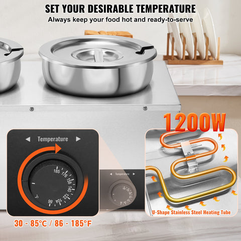 VEVOR Electric Soup Warmer, Three 7.4QT Stainless Steel Round Pot, 1200W Commercial Food Warmer, 30 - 85℃ Adjustable Temp, Bain Marie with Anti-Dry Burn and Reset Button, for Restaurant, Buffet