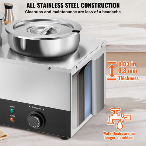 VEVOR Electric Soup Warmer, Three 7.4QT Stainless Steel Round Pot, 1200W Commercial Food Warmer, 30 - 85℃ Adjustable Temp, Bain Marie with Anti-Dry Burn and Reset Button, for Restaurant, Buffet