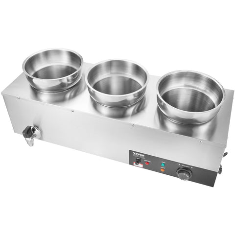 VEVOR Electric Soup Warmer, Three 7.4QT Stainless Steel Round Pot, 1200W Commercial Food Warmer, 30 - 85℃ Adjustable Temp, Bain Marie with Anti-Dry Burn and Reset Button, for Restaurant, Buffet