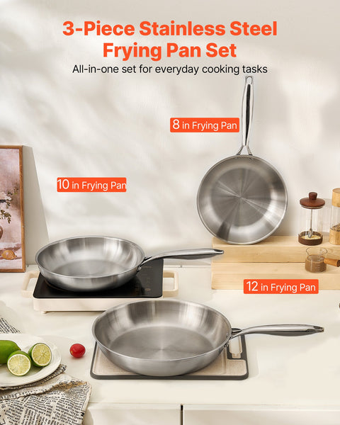 VEVOR Tri-Ply Stainless Steel Frying Pan, 3 Piece (240, 280, 320 mm), Cooking Skillet with Heat-Resistant Handle, Chef's Kitchen Cookware, Oven, Gas, Electric, Induction, Dishwasher Compatible, Silver