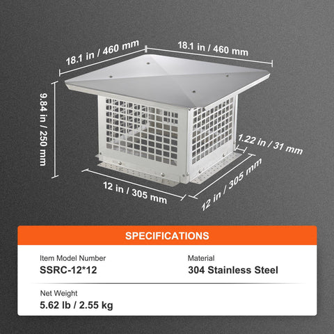 Chimney Cap 304.8 x 304.8mm, 304 Stainless Steel Fireplace Chimney Cover, Not Easily Toppled & Practical Accessories & Easy Installation, Fits Mesh Flue Covers Outside Clay Flue Shingles, Silver