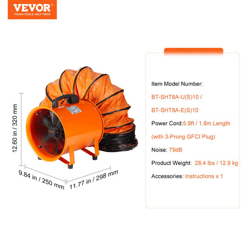 Portable Ventilator, 203.2mm/8inch Heavy Duty Cylinder Fan with 10m Duct Hose, 145W Strong Shop Exhaust Blower 1020CFM, Industrial Utility Blower for Sucking Dust, Smoke, Smoke Home/Workplace