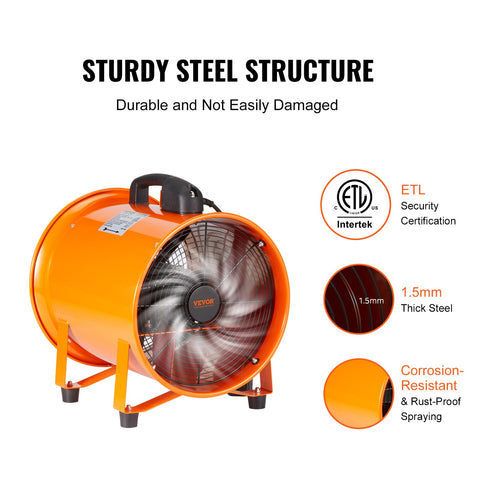 Portable Ventilator, 254mm/10inch Heavy Duty Cylinder Fan with 5m Duct Hose, 255W Strong Shop Exhaust Blower 1720CFM, Industrial Utility Blower for Sucking Dust, Smoke, Smoke Home/Workplace
