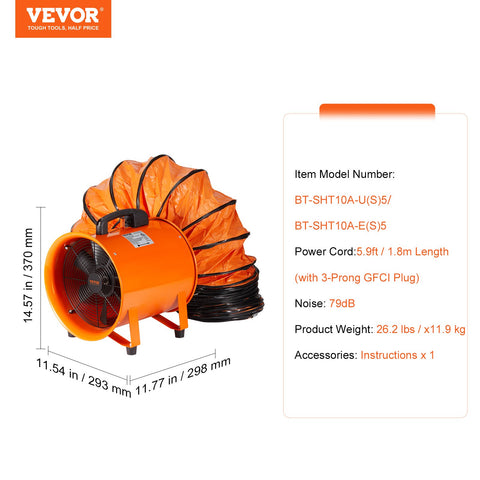 Portable Ventilator, 254mm/10inch Heavy Duty Cylinder Fan with 5m Duct Hose, 255W Strong Shop Exhaust Blower 1720CFM, Industrial Utility Blower for Sucking Dust, Smoke, Smoke Home/Workplace