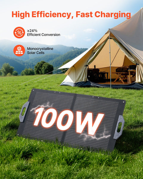 100W Foldable Solar Panel, 24% High-Efficiency Portable Monocrystalline Solar Panel Charger with MC4 Output, USB-A, Type-C & DC Ports, IP65 Waterproof for Power Stations, Camping, Hiking Trips