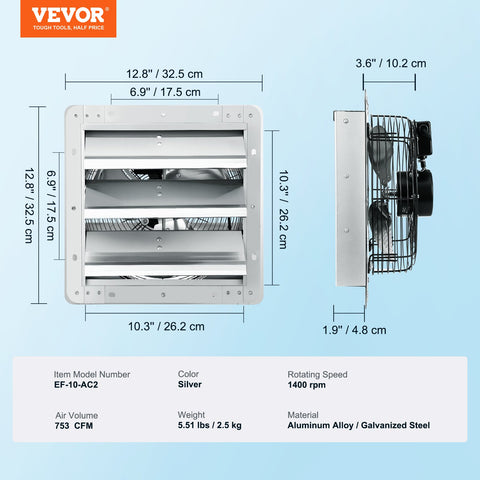 Shutter Exhaust Fan, 254 mm High-speed 1400RPM 753 CFM, Aluminum Wall Mount Attic Fan with AC-motor, Ventilation and Cooling for Greenhouses, Garages, Sheds, Shops