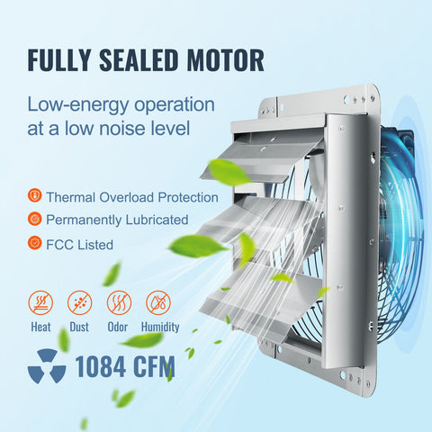 Shutter Exhaust Fan, 305 mm High-speed 1400RPM 1084 CFM, Aluminum Wall Mount Attic Fan with AC-motor, Ventilation and Cooling for Greenhouses, Garages, Sheds, Shops