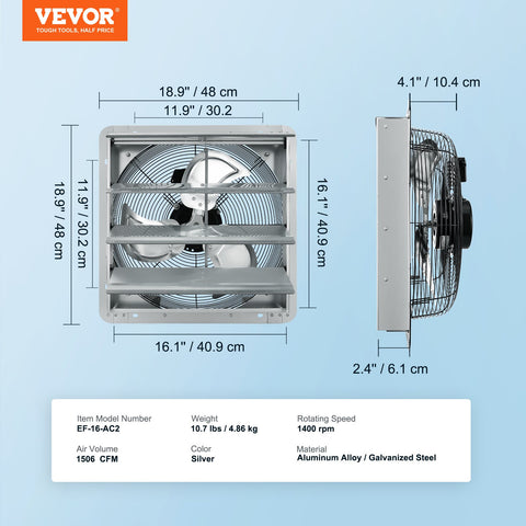 Shutter Exhaust Fan, 406 mm High-speed 1400RPM 1506 CFM, Aluminum Wall Mount Attic Fan with AC-motor, Ventilation and Cooling for Greenhouses, Garages, Sheds, Shops