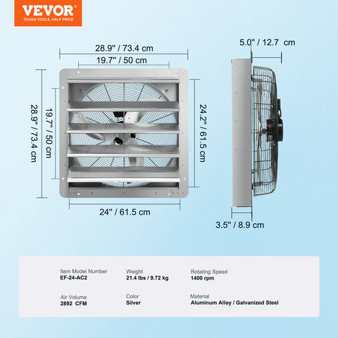 Shutter Exhaust Fan, 610 mm High-speed 1400RPM 2892 CFM, Aluminum Wall Mount Attic Fan with AC-motor, Ventilation and Cooling for Greenhouses, Garages, Sheds, Shops