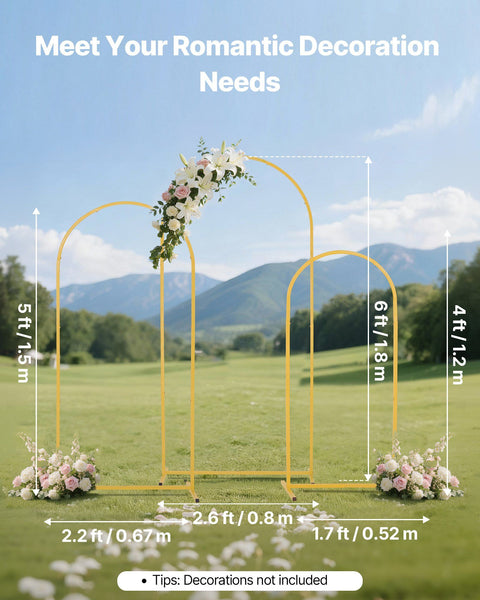 Arch Backdrop Stand, Set of 3, 1.8/1.5/1.2 m, Stable Structure, Easy Assembly, Gold Metal Arch Backdrop Stand for Wedding, Birthday Party, Graduation, Celebration, and Ceremony Decoration