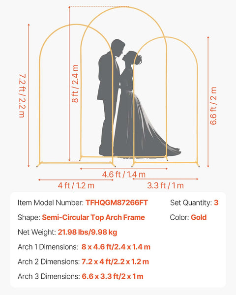 Arch Backdrop Stand, Set of 3, 2.4/2.2/2 m, Stable Structure, Easy Assembly, Gold Metal Arch Backdrop Stand for Wedding, Birthday Party, Graduation, Holiday Celebration, and Ceremony Decoration