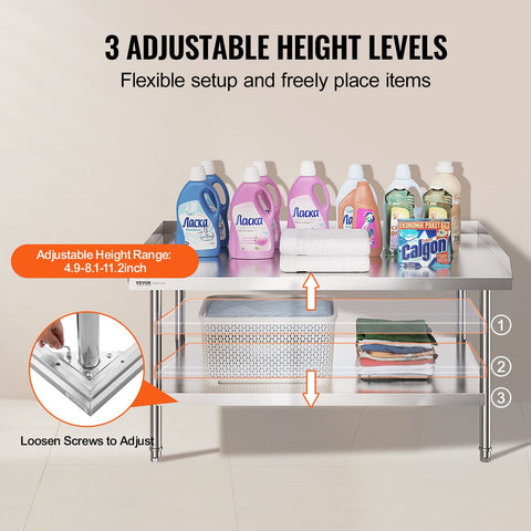 Stainless Steel Work Table, 762 x 1219 x 660 mm Commercial Food Prep Worktable, 3-Sided Backsplash Heavy Duty Prep Worktable, Metal Work Table with Adjustable Height for Restaurant Home Hotel