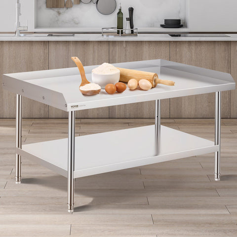 Stainless Steel Work Table, 762 x 1219 x 660 mm Commercial Food Prep Worktable, 3-Sided Backsplash Heavy Duty Prep Worktable, Metal Work Table with Adjustable Height for Restaurant Home Hotel