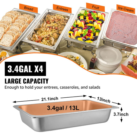 VEVOR 4 Pack Hotel Pan 3.7" Deep Steam Table Pan Full Size with Lid 20.8"L x 13"W Hotel Pan 22 Gauge Stainless Steel Anti Jam Steam Table Pan