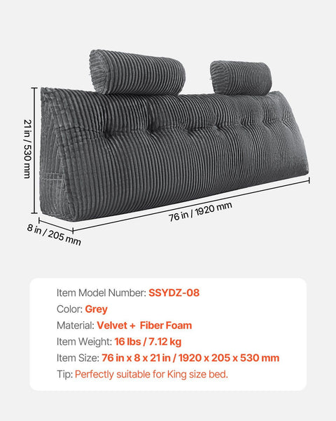Headboard Pillow, King Size Wedge Headboard Pillow with 2 Side Pockets and 2 Headrests, Bed Wedge Pillow with Washable Flannel Cloth, for Reading, Gaming, Resting, Working in Bed, Grey