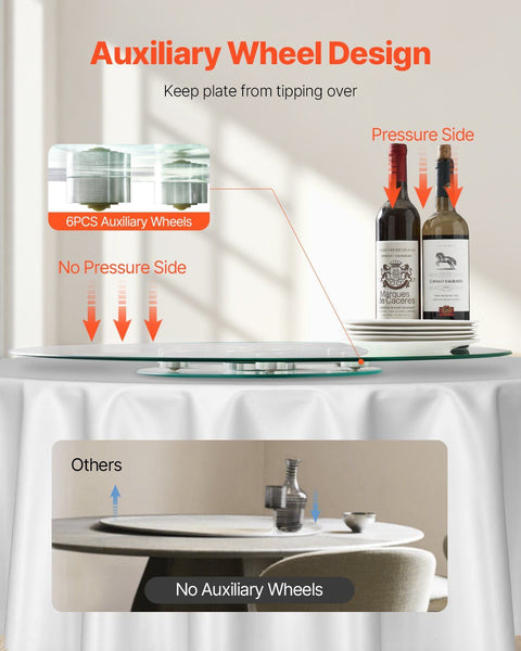 76.8 cm Glass Lazy Susan Turntable, Tempered Glass Dining Table Centerpiece with 6 Rotating Wheels, 360° Smooth & Silent Spin Tabletop Rotating Tray, for Family Gatherings, Banquets & Weddings