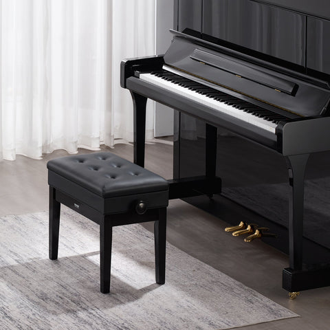 Piano Bench, Keyboard Piano Chair with 19.3"-22.8" Adjustable Height, Padded Cushion, Storage Compartment for Music Books, Heavy Duty Wooden Piano Stool Seat, for Vanity, Living Room, Bedroom