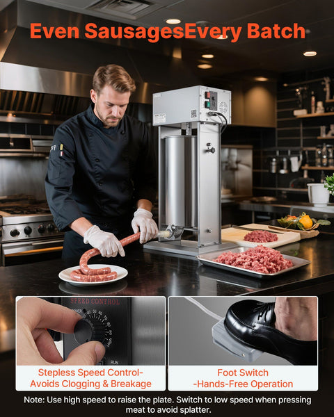 Electric Sausage Stuffer, 55 LBS / 25 L Vertical Meat Stuffer, Stepless Speed Control and Foot Pedal, Stainless Steel Heavy Duty Sausage Filler with 5 Stuffing Tubes, for Commercial & Home Use