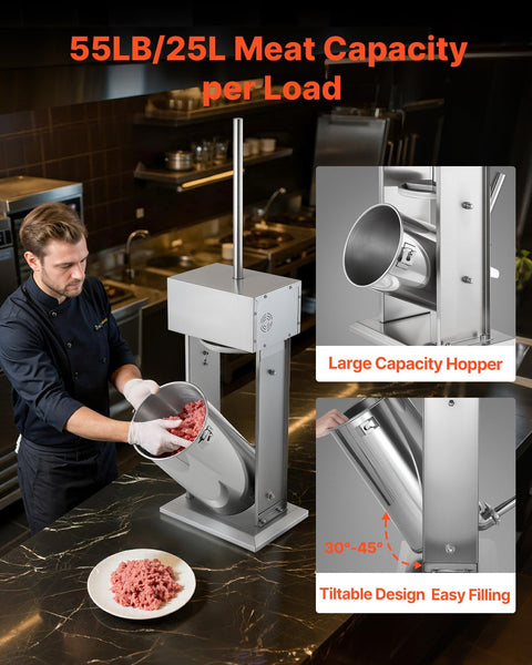 Electric Sausage Stuffer, 55 LBS / 25 L Vertical Meat Stuffer, Stepless Speed Control and Foot Pedal, Stainless Steel Heavy Duty Sausage Filler with 5 Stuffing Tubes, for Commercial & Home Use