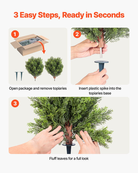 Artificial Topiary Cypress Trees with Ground Spike, 2 Set 406mm Faux Shrubs & Bushes Potted Plants, Fake Silk Tree Look Real for Decor Front Porch Outdoor Indoor Patio Garden Balcony Backyard