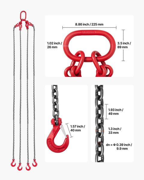 Chain Sling, 10mm x 3 m Lifting Chains with 4 Leg Grab Hooks, Heavy Duty G80 Alloy Steel Lifting Sling, 10.4 Ton Capacity, Adjustable Engine Chain Hoist Lifts for Cargo Security Towing