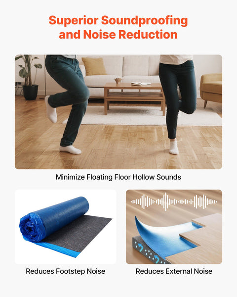 Floor Underlayment 37.2 m², 3mm Laminate Flooring Padding with Attached Vapor Barrier, Heavy Duty Fiber+PE Film, Soundproofing & Noise Reduction for Vinyl & Wood Floors(2 Rolls x 18.6 m²)