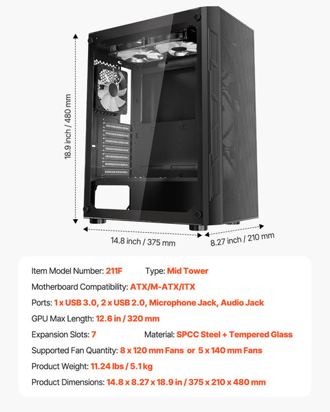 Mid-Tower ATX PC Gaming Case Computer Case Box with 3 x 120 mm ARGB Fans