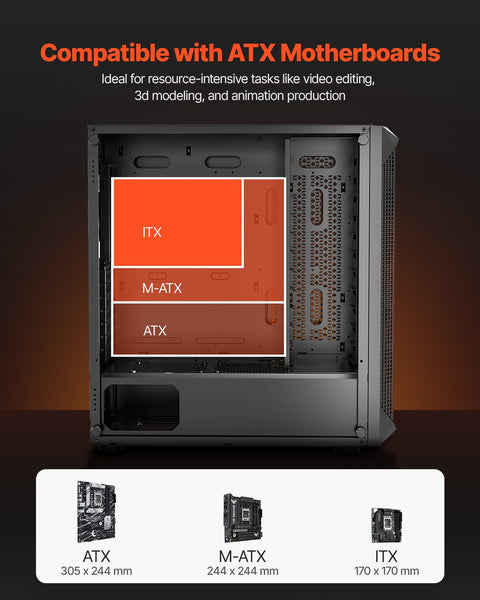 PC Gaming Case, Mid-Tower, Computer Case with High-Airflow Tempered Glass Panel, Dust Filter, 4 x 120 mm Fans, Cable Management, for GPU up to 270 mm in Length, Compatible with ATX/M-ATX/ITX