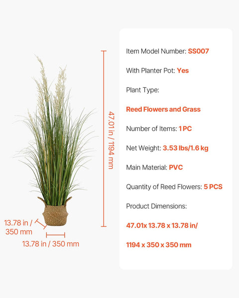 Artificial Grass Plant, 1194mm Reed Flower Grass in Pot, Premium PVC Faux Fake Greenery Shrubs Plant for Indoor Outdoor House Home Garden Office Room Décor, Housewarming, 1 Pack Green