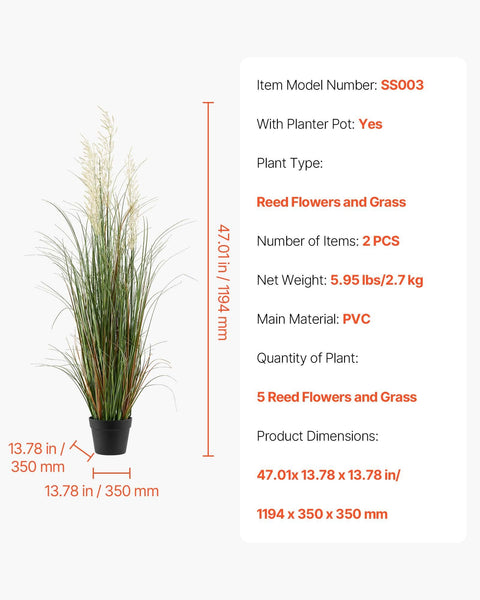 Artificial Grass Plant, 2 Pack 1194mm Reed Flower Grass in Pot, Premium PVC Faux Fake Greenery Shrubs Plant for Indoor Outdoor House Home Garden Office Room Décor, Housewarming, Green