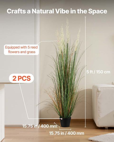 Artificial Grass Plant, 2 Pack 1499mm Faux Reed Flower Grass in Pot, Premium PVC Fake Greenery Shrubs Plant for Indoor Outdoor House Home Garden Office Room Décor, Housewarming, Green