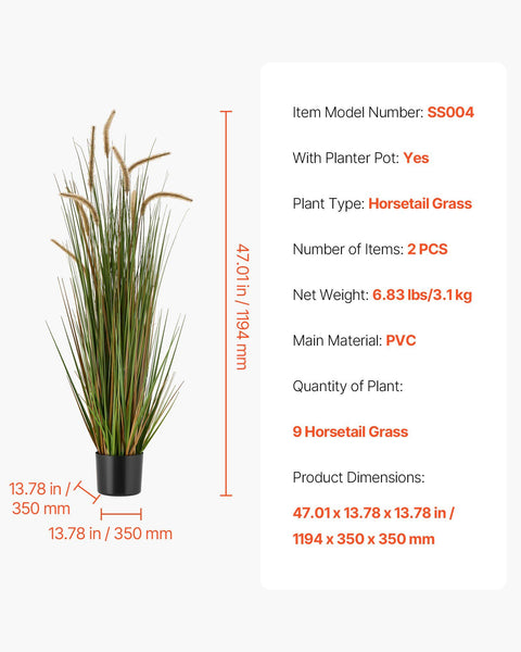 Artificial Grass Plant, 2 Pack 1194mm Horsetail Reed Grass in Pot, Premium PVC Faux Fake Greenery Shrubs Plant for Indoor Outdoor House Home Garden Office Room Décor, Housewarming, Green