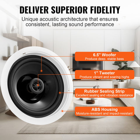 165.1 mm in Ceiling Speakers, 150-Watts, Flush Mount Ceiling & in-Wall Speakers System with 8ΩImpedance 89dB Sensitivity, for Home Kitchen Living Room Bedroom or Covered Outdoor Porches, Single