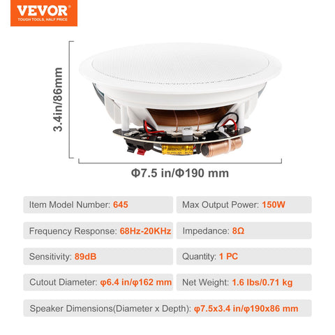165.1 mm in Ceiling Speakers, 150-Watts, Flush Mount Ceiling & in-Wall Speakers System with 8ΩImpedance 89dB Sensitivity, for Home Kitchen Living Room Bedroom or Covered Outdoor Porches, Single
