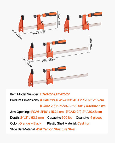 Bar Clamps for Woodworking, 2-Pack 15.24 cm and 2-Pack 30.48 cm, Lockable F-Clamp with 272 kg Load Limit, 63.5 mm Depth, Cast Iron and Carbon Steel, Wood Clamps for Woodworking Metal Working