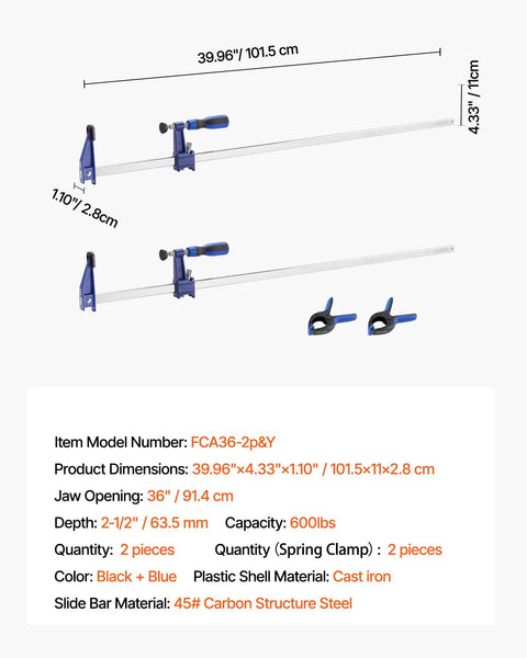 Bar Clamps for Woodworking, 2-Pack 91.4 cm Opening, Lockable F-Clamp with 272 kg Load Limit,63.5 mm Depth, Cast Iron and Carbon Steel, Easy to Use, Wood Clamps for Woodworking Metal Working
