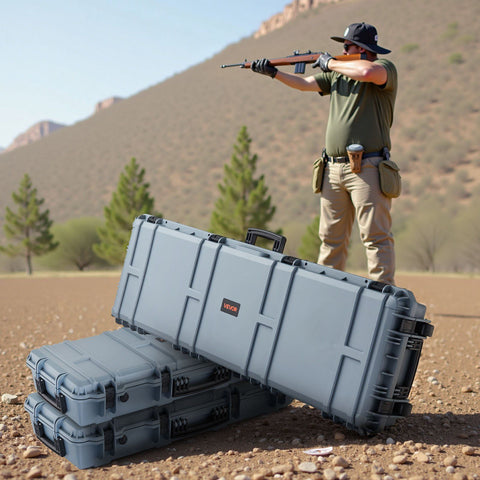 Hard Rifle Case, Lockable Rifle Case with Pre-cut Foams, 1320 mm Gun Storage with Wheels, Heavy Duty IP67 Waterproof & Dustproof Pistol Storage Cases for Rifles, Shotguns, Airsoft Guns, Grey